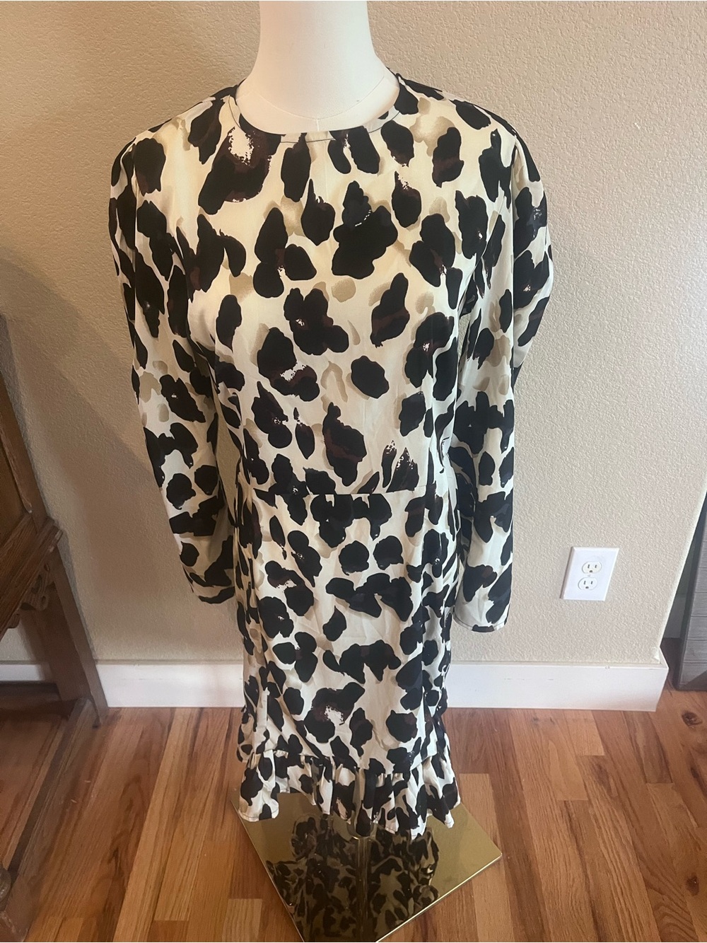 Long-Sleeve Animal Print Midi Dress in Black and Cream